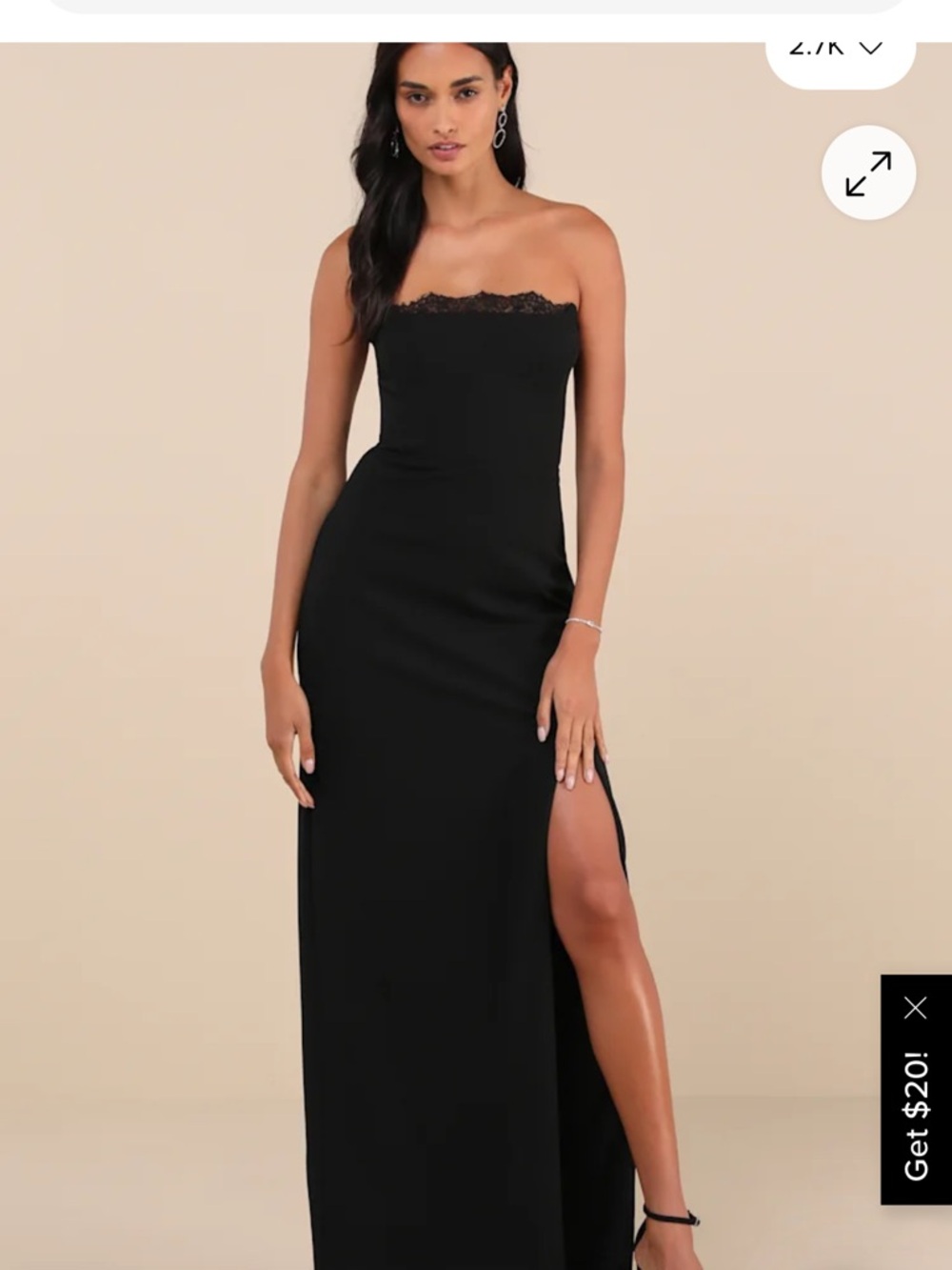 Lulu's Black Strapless Lace-Trim Maxi Gown with Side Slit